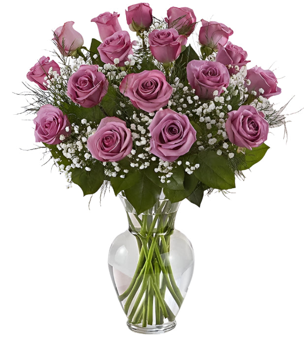 18 Premium Lavender Roses Arranged in a vase with filler