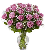 24 Premium Lavender Roses Arranged in a vase with filler