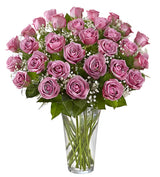 36 Premium Lavender Roses Arranged in a vase with filler