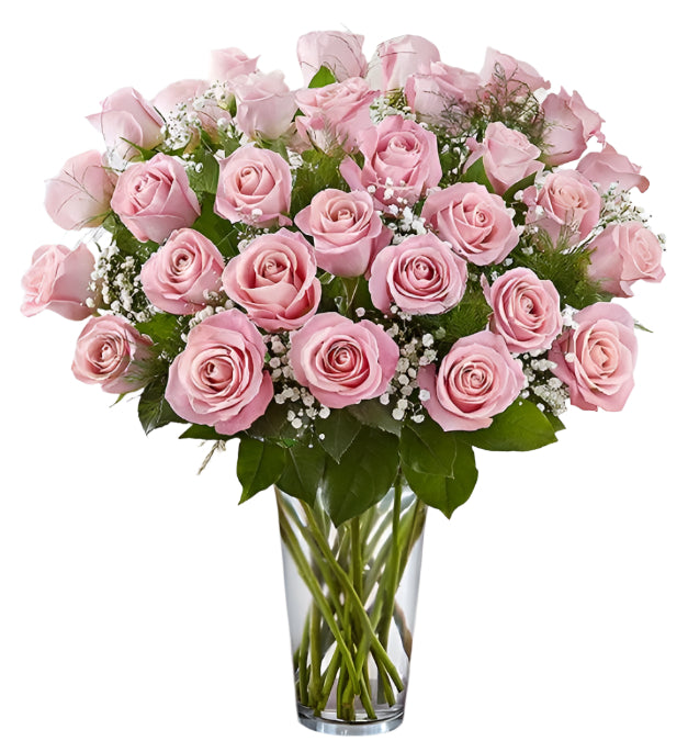 36 Premium Pink Roses Arranged in a vase with filler