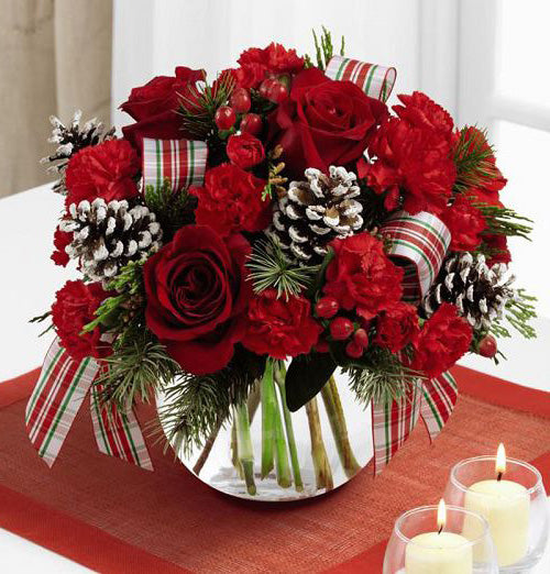 Christmas Peace Bouquet of red flowers in glass bowl Small