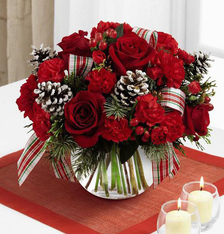 Christmas Peace Bouquet of red flowers in glass bowl Medium