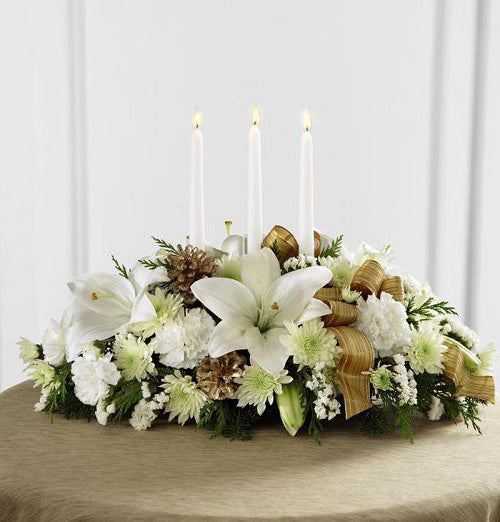 Seasons Glow Centerpiece of white flowers with gold accents Large