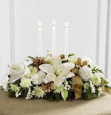 Seasons Glow Centerpiece of white flowers with gold accents Medium