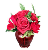 Artificial Silk Red Rose Arrangement in Red Vase