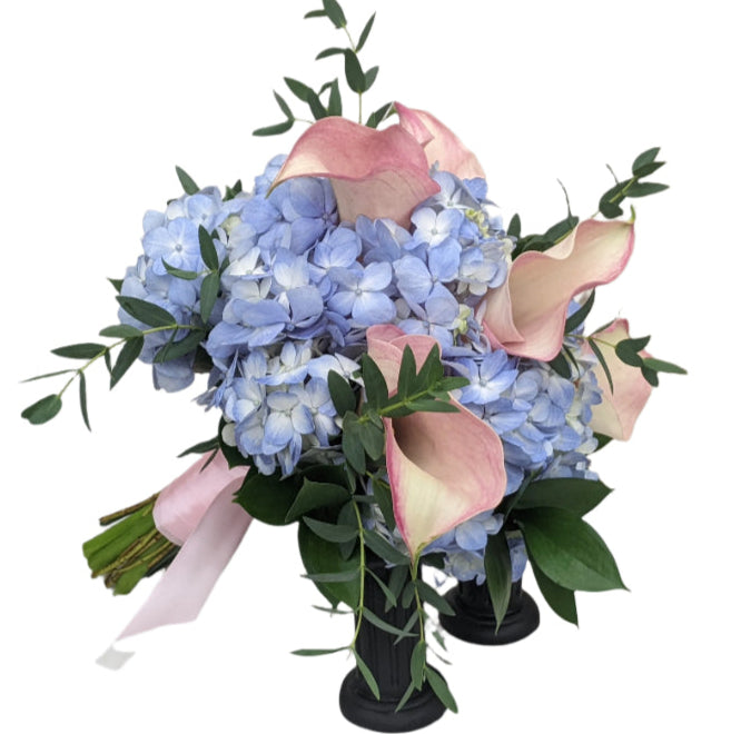 Clutch Bouquet of blue hydrangea with pink calla lilies