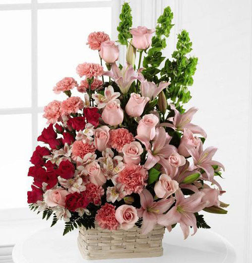 Beautiful spirit sympathy flower arrangement in basket with assorted pink flowers Large