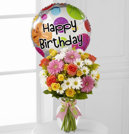 Birthday Flowers Arranged in a Vase with Mylar Balloon Medium