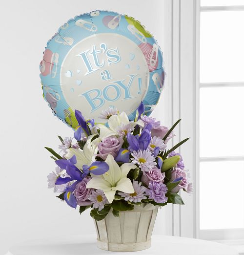 Blue and White Flowers in a Basket with Mylar Balloon for New Baby Boy Large