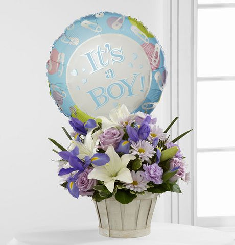 Blue and White Flowers in a Basket with Mylar Balloon for New Baby Boy Medium