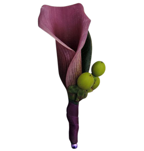 Calla lily boutonniere with hypericum and ribbon stem wrap