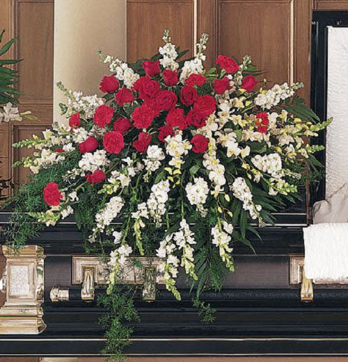 Cherished Moments Casket spray of red and white flowers