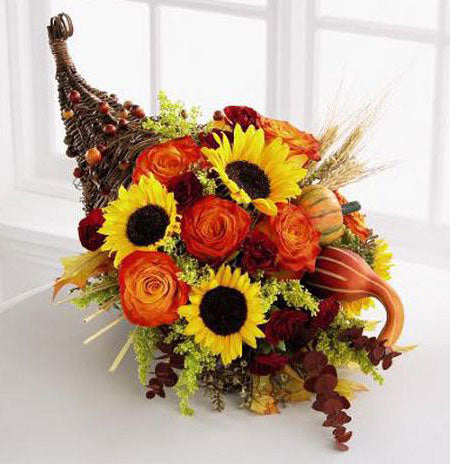 Deluxe Fall cornucopia with sunflowers and orange flowers