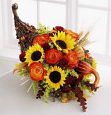 Deluxe Fall cornucopia with sunflowers and orange flowers