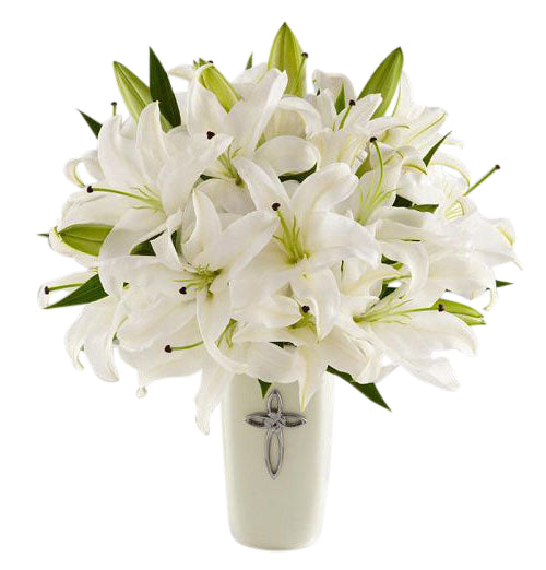 FTD Faithful Blessings Bouquet of white lilies in cross vase Large