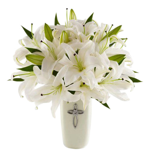 FTD Faithful Blessings Bouquet of white lilies in cross vase Medium