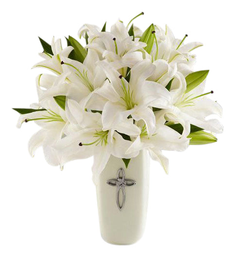 FTD Faithful Blessings Bouquet of white lilies in cross vase Small