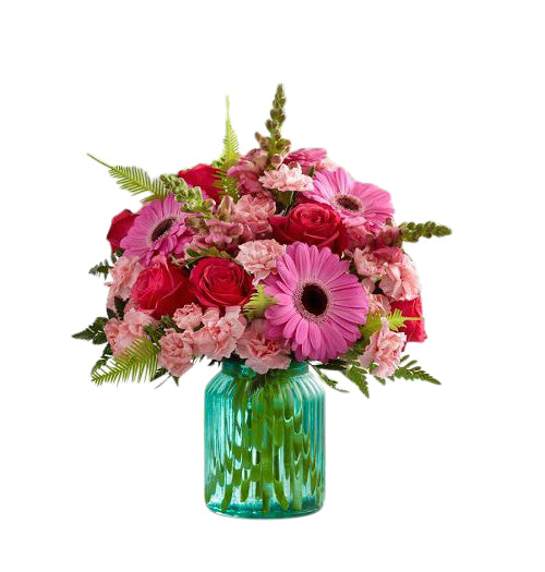 FTD Gifts from the Garden Bouquet by Better Homes and Gardens Pink flowers in aqua blue container Large