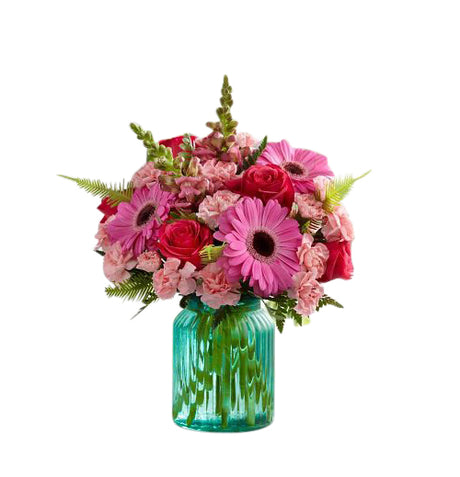 FTD Gifts from the Garden Bouquet by Better Homes and Gardens Pink flowers in aqua blue container Medium