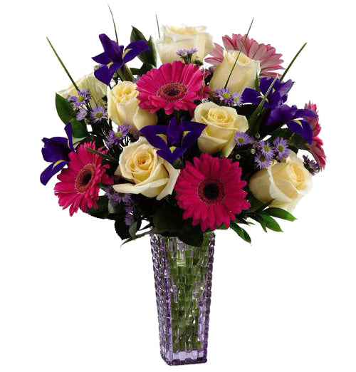 FTD Hello Happiness Bouquet with assorted pink, purple and cream flowers in decorative vase Large