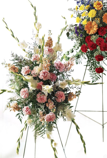 Funeral flower standing spray of pink and cream flowers