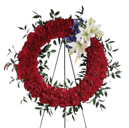 Patriotic red, white and blue funeral flower wreath