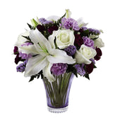  purple and white flowers in purple vase Small