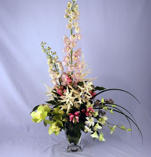 Garden Paradise tropical arrangement of cream, pink and lime green flowers