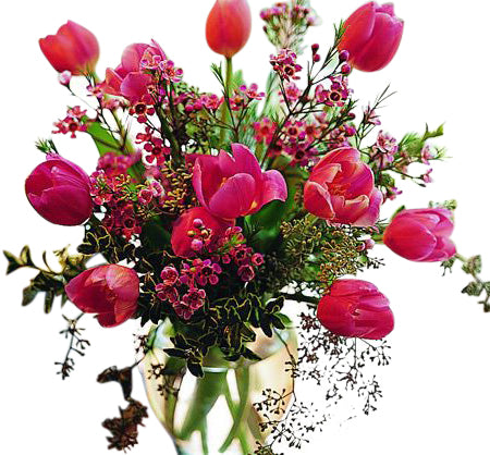 Vase of pink tulips with filler and greens