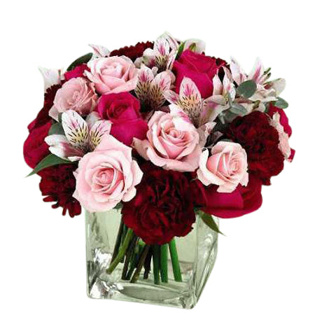 Gentle Caress Bouquet of pink, burgundy and white flowers in small cube vase