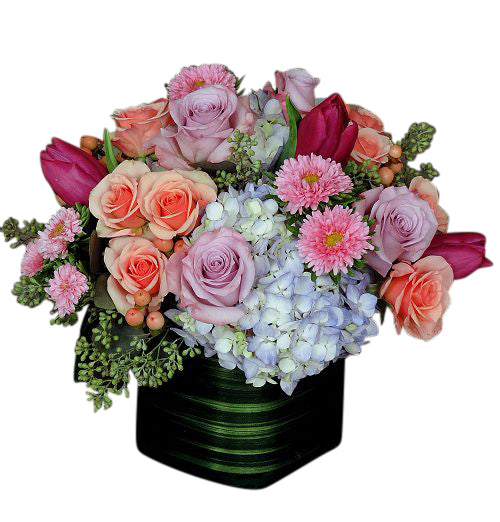  spray roses and tulips in a cube vase Small