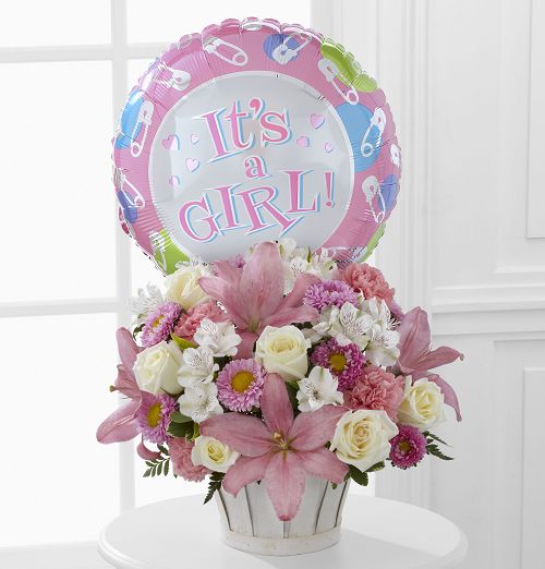 Pink and White Flowers in a Basket with Mylar Balloon for New Baby Girl Large