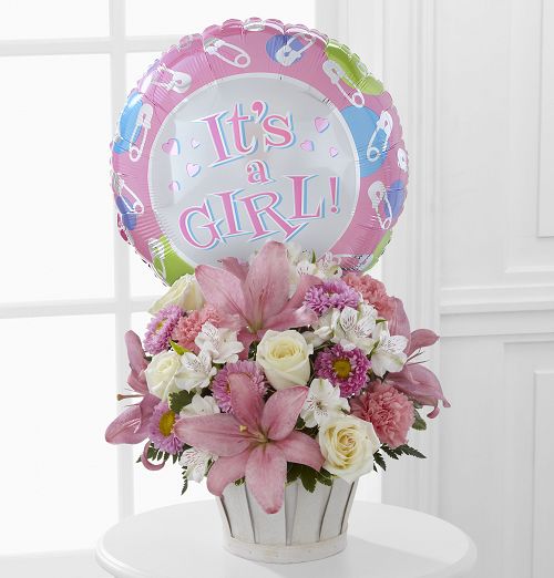 Pink and White Flowers in a Basket with Mylar Balloon for New Baby Girl Medium