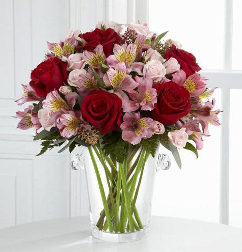 Graceful Wishes Bouquet of red roses with pink Peruvian lilies in Vera Wang vase Medium