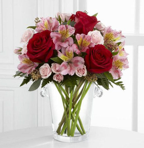 Graceful Wishes Bouquet of red roses with pink Peruvian lilies in Vera Wang vase Small