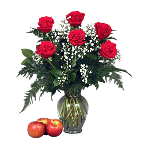 Half dozen roses arranged in a vase with babies breath