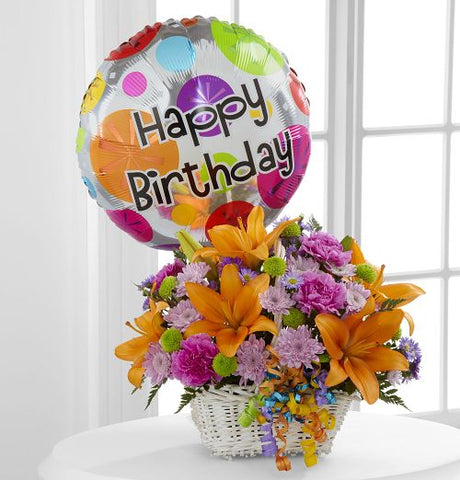 Birthday Flowers Arranged in Basket with Mylar Balloon Large