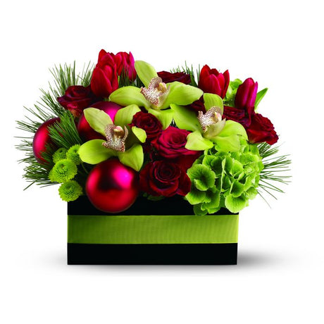 Holiday chic bouquet of roses and orchids in reds and lime greens