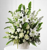 In Our Thoughts funeral flower arrangement of assorted white and green flowers in a white basket Medium