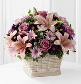 Sympathy basket of flowers in shades of pink and purple Small