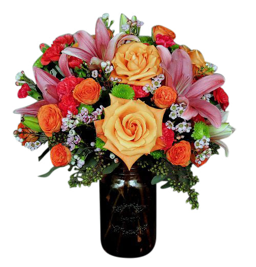 Mom's mason jar flower bouquet of roses, lilies and more in orange and pink Large