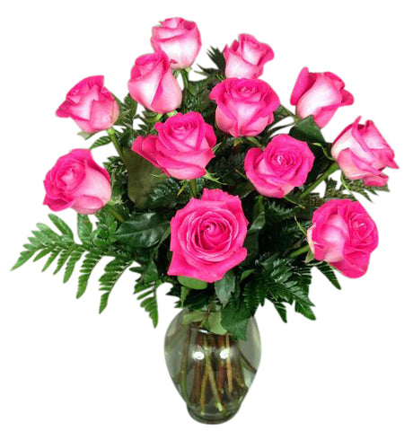 Dozen long stem pink roses wrapped bouquet