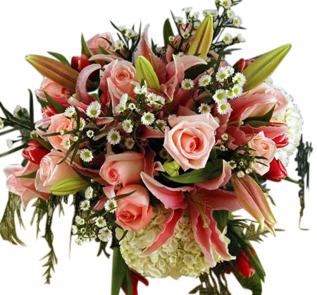 Loose pink and white flowers in a wrapped bouquet