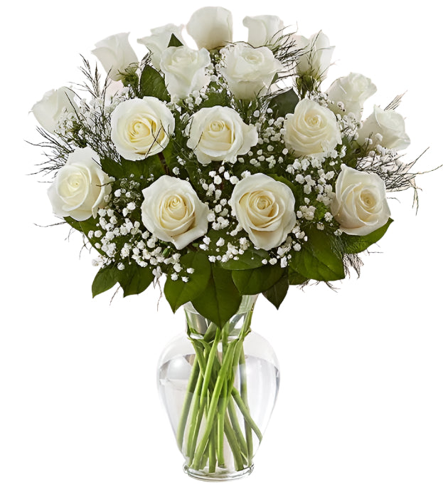 18 Premium White Roses Arranged in a vase with filler