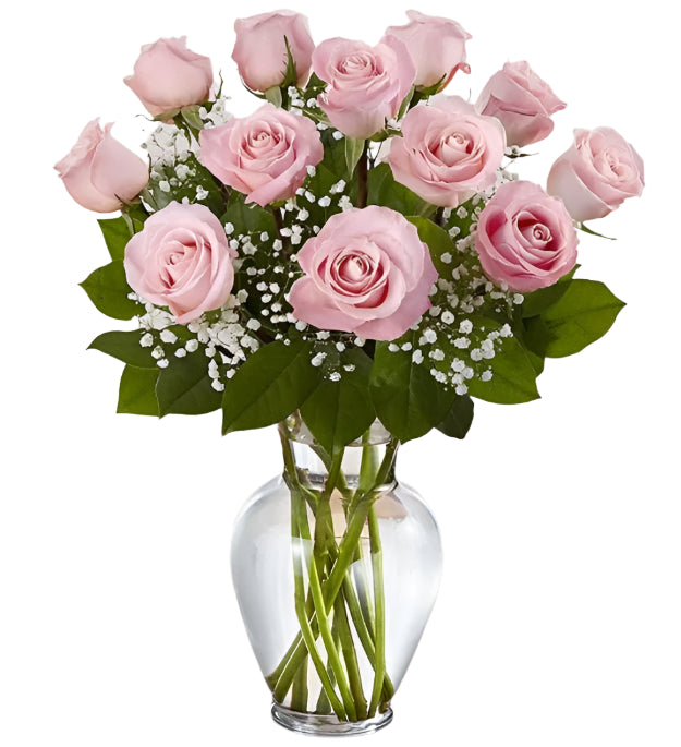 Dozen premium long stem pink roses arranged in vase with filler