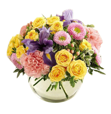 Simply Spring Flower Bouquet of pinks, purpes and yellows in glass bowl