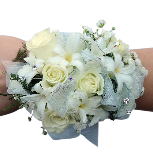 Snow white corsage with all white flowers