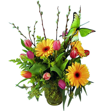 Spring butterfly bouquet of tulips and gerbera daisies in a vase with butterfly accents