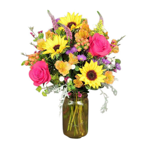 Spring Mason jar filled with fresh sunflowers, roses and assorted flowers