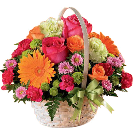 Summer in the park vibrant flower arrangement in a handle basket